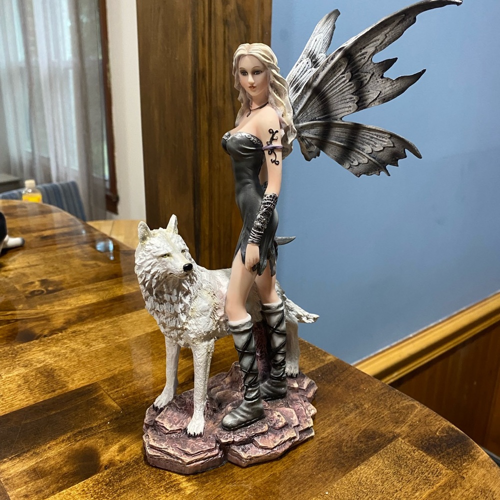 Fairy and Wolf Figurine - Black and White